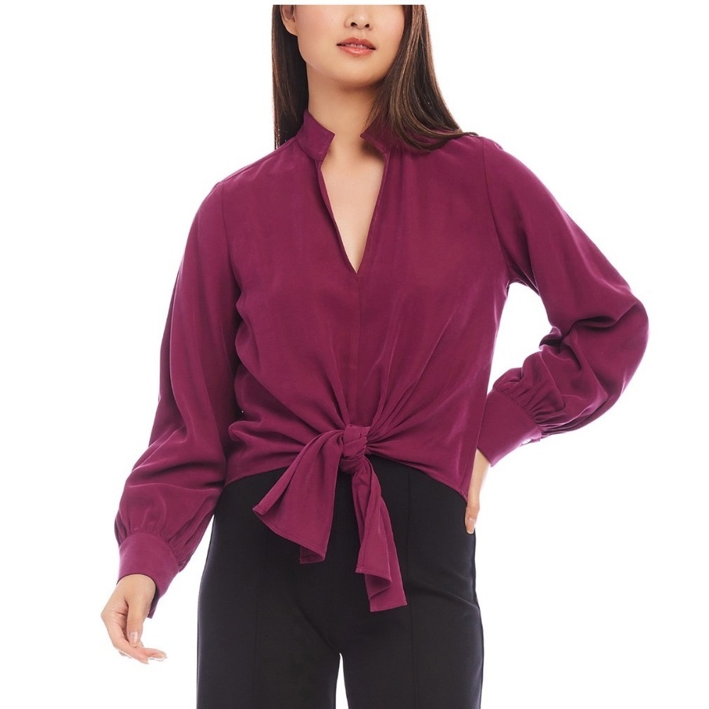 Karen Kane Regal Girl Tie Front Top Wine Purple Mandarin‎ Collar 3L21506 SMALL
